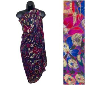 Vintage Daphne‎ Silk Scarf Shawl Wrap Purple Floral Pink Metallic Rose 80s 90s